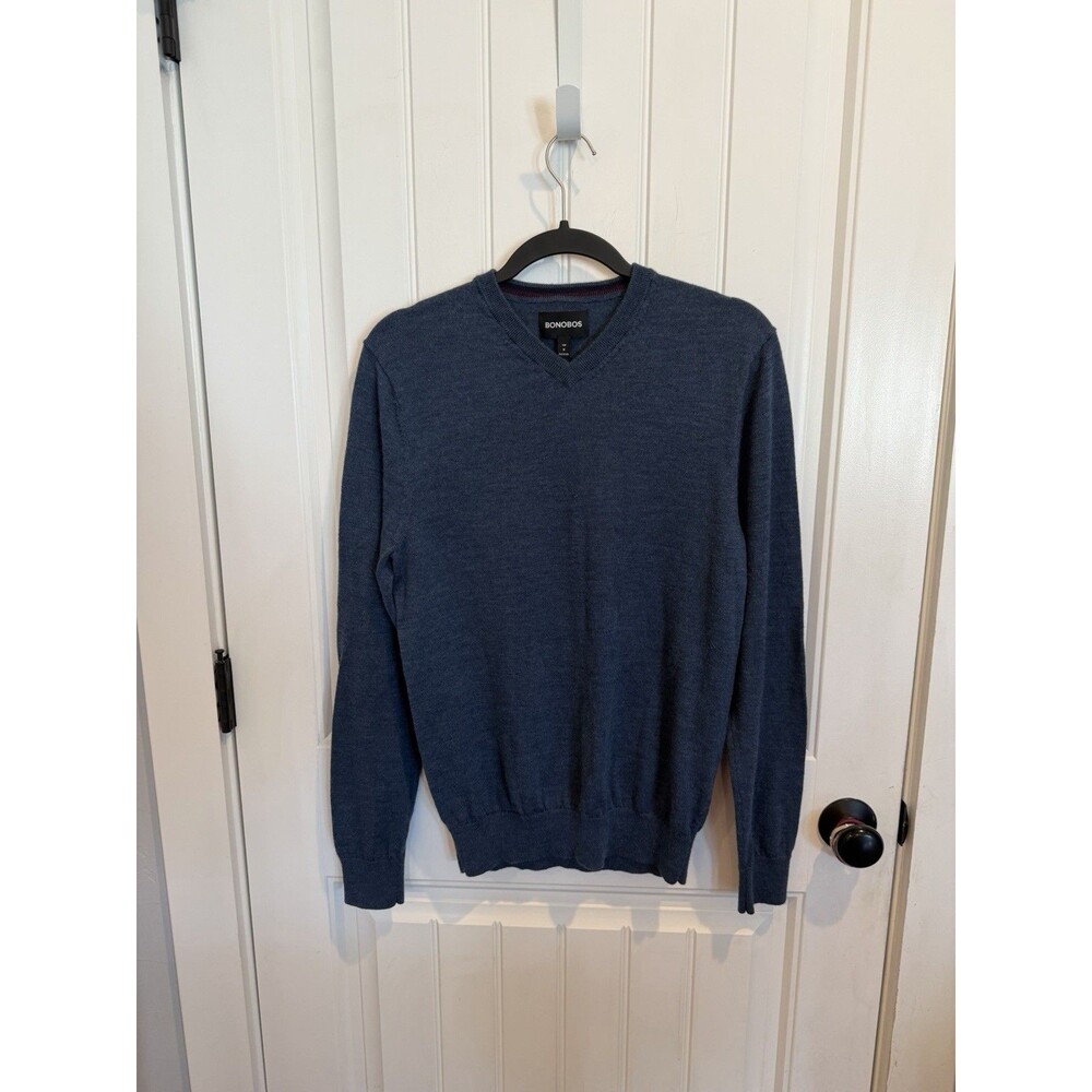 Bonobos Mens M Slim V Neck Sweater Blue 100% Extra Fine Merino Wool Pullover